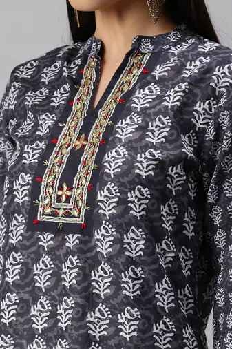 women's mandarin collar floral grey straight kurta and trouser with dupatta