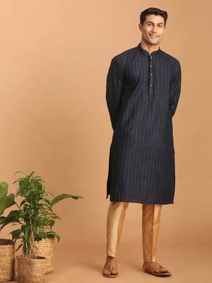 Navy Blue And Rose Gold Cotton Blend Kurta Pyjama Set 1