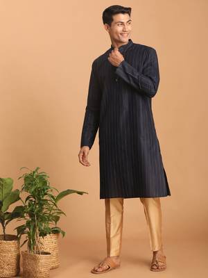 Navy Blue And Rose Gold Cotton Blend Kurta Pyjama Set 2