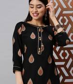 women's mandarin collar ethnic motifs foil print black straight kurta and palazzos