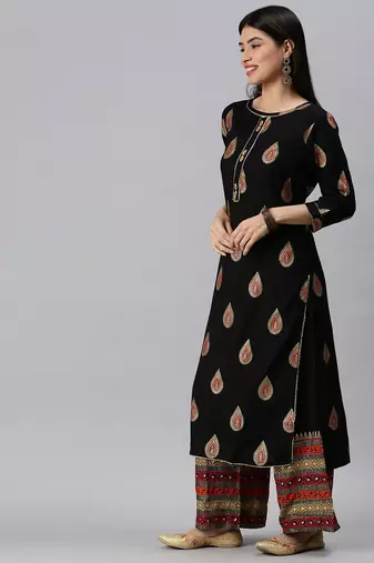 women's mandarin collar ethnic motifs foil print black straight kurta and palazzos