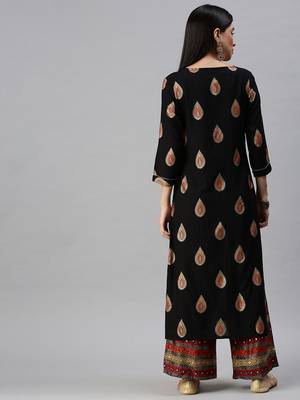 women's mandarin collar ethnic motifs foil print black straight kurta and palazzos 3