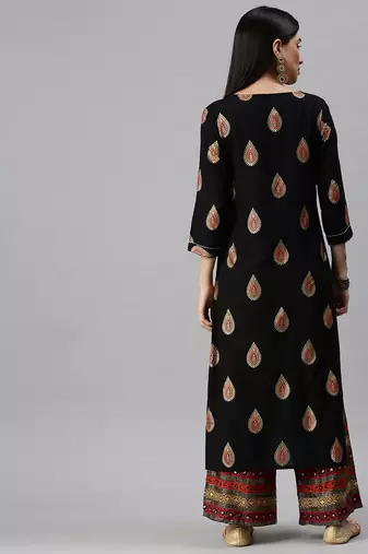 women's mandarin collar ethnic motifs foil print black straight kurta and palazzos