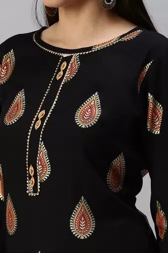 women's mandarin collar ethnic motifs foil print black straight kurta and palazzos