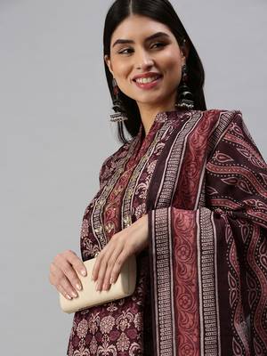 women's mandarin collar ethnic motifs maroon straight kurta and trouser with dupatta 1