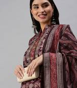 women's mandarin collar ethnic motifs maroon straight kurta and trouser with dupatta