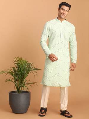 Mint Green And Cream Georgette Kurta Pyjama Set 1