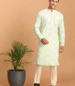 Men'S Mint Green And Cream Georgette Kurta Pyjama Set