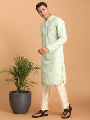 Mint Green And Cream Georgette Kurta Pyjama Set 2