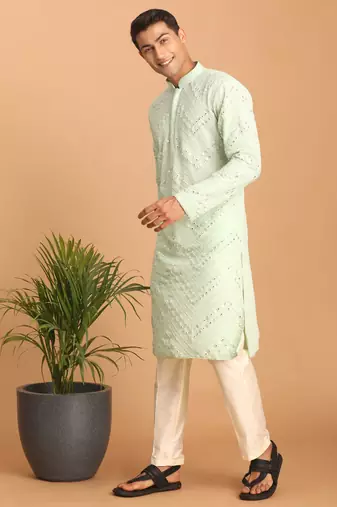 Mint Green And Cream Georgette Kurta Pyjama Set