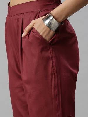women's mandarin collar ethnic motifs maroon straight kurta and trouser with dupatta 5