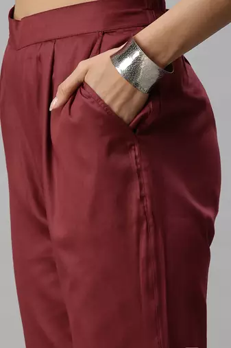 women's mandarin collar ethnic motifs maroon straight kurta and trouser with dupatta