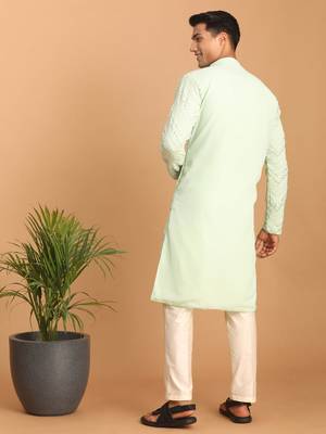 Mint Green And Cream Georgette Kurta Pyjama Set 3