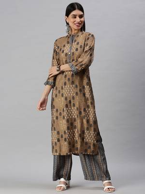 women's mandarin collar ethnic motifs foil print brown straight kurta and palazzos 1