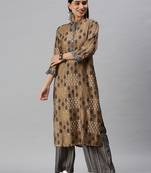 women's mandarin collar ethnic motifs foil print brown straight kurta and palazzos