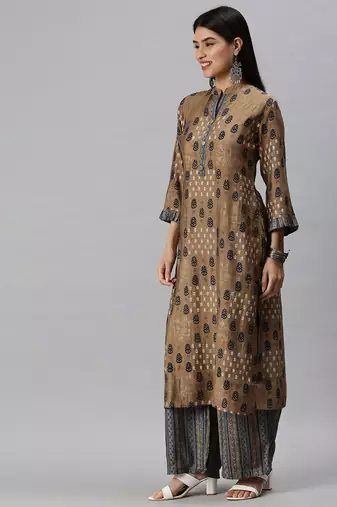 women's mandarin collar ethnic motifs foil print brown straight kurta and palazzos
