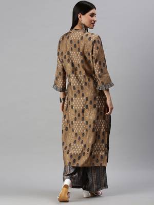 women's mandarin collar ethnic motifs foil print brown straight kurta and palazzos 3
