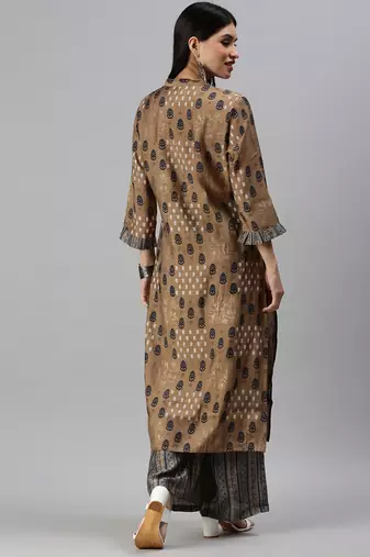 women's mandarin collar ethnic motifs foil print brown straight kurta and palazzos