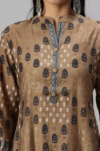 women's mandarin collar ethnic motifs foil print brown straight kurta and palazzos