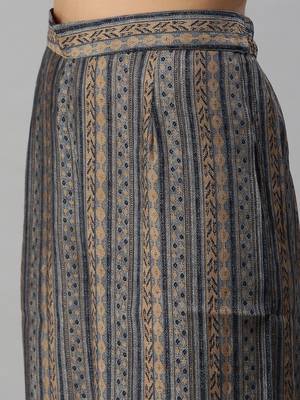 women's mandarin collar ethnic motifs foil print brown straight kurta and palazzos 5