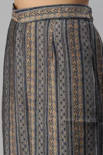 women's mandarin collar ethnic motifs foil print brown straight kurta and palazzos