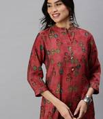 women's mandarin collar floral foil print magenta straight kurta and trouser