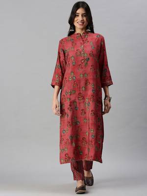 women's mandarin collar floral foil print magenta straight kurta and trouser 2