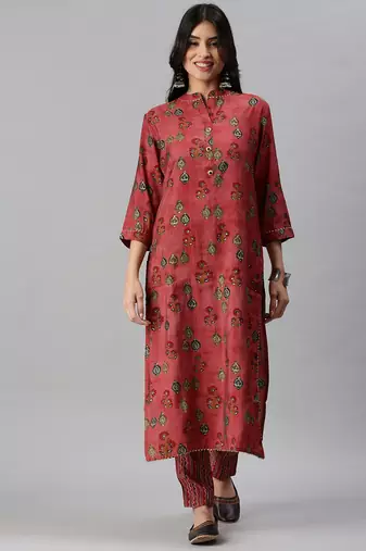 women's mandarin collar floral foil print magenta straight kurta and trouser