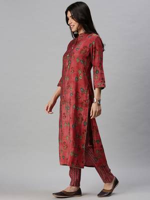 women's mandarin collar floral foil print magenta straight kurta and trouser 3