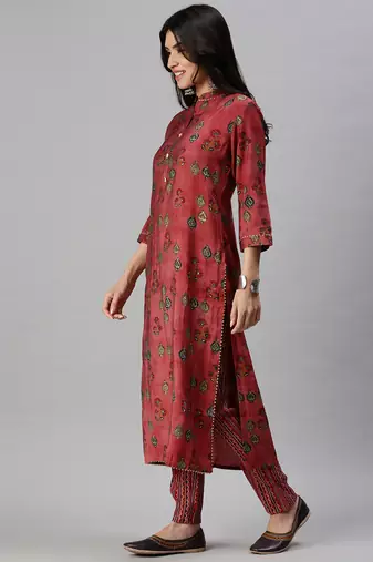 women's mandarin collar floral foil print magenta straight kurta and trouser