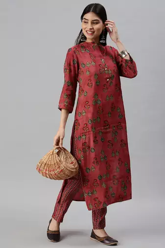women's mandarin collar floral foil print magenta straight kurta and trouser
