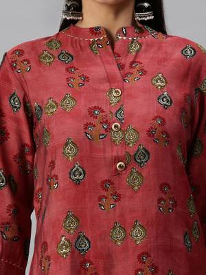 women's mandarin collar floral foil print magenta straight kurta and trouser 5