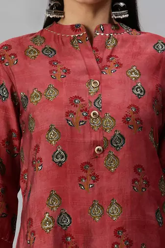 women's mandarin collar floral foil print magenta straight kurta and trouser