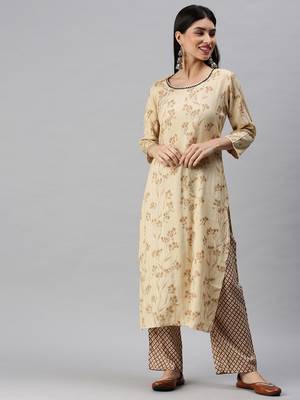 women's round neck floral foil print cream straight kurta and trouser 2