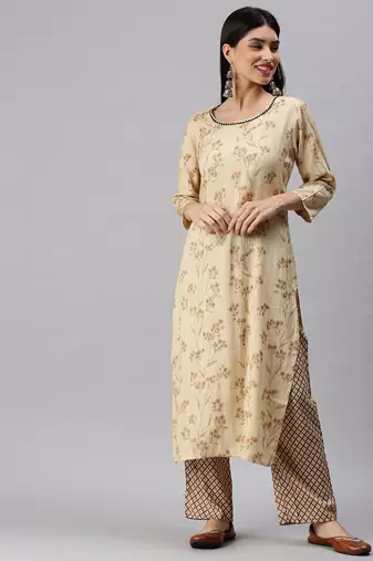 women's round neck floral foil print cream straight kurta and trouser