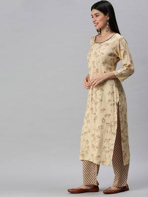 women's round neck floral foil print cream straight kurta and trouser 3