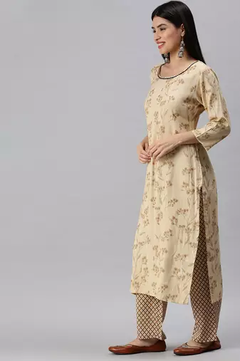 women's round neck floral foil print cream straight kurta and trouser