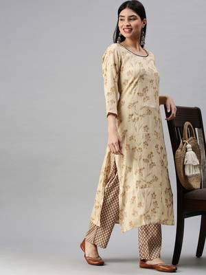 women's round neck floral foil print cream straight kurta and trouser 4