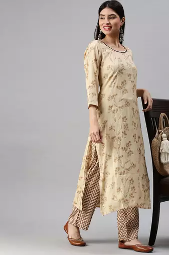 women's round neck floral foil print cream straight kurta and trouser