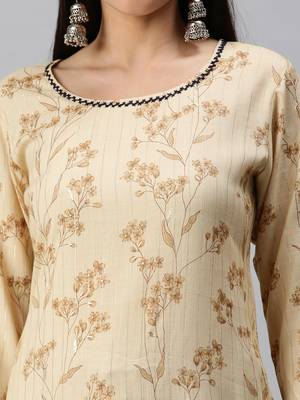 women's round neck floral foil print cream straight kurta and trouser 5