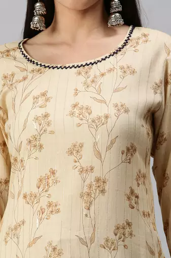 women's round neck floral foil print cream straight kurta and trouser