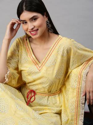 women's v-neck floral foil print yellow kaftan kurta and trouser 1