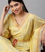 women's v-neck floral foil print yellow kaftan kurta and trouser