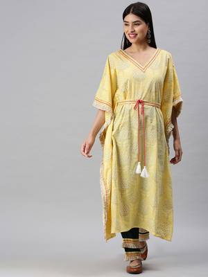 women's v-neck floral foil print yellow kaftan kurta and trouser 2