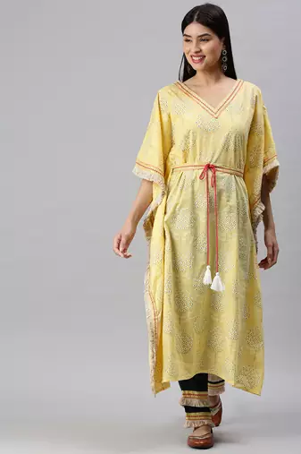 women's v-neck floral foil print yellow kaftan kurta and trouser