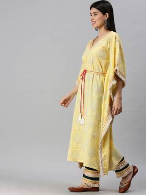 women's v-neck floral foil print yellow kaftan kurta and trouser 3