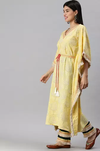 women's v-neck floral foil print yellow kaftan kurta and trouser