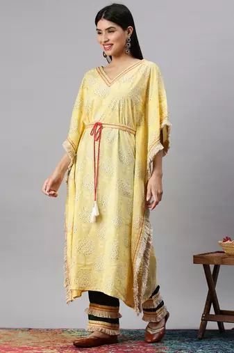 women's v-neck floral foil print yellow kaftan kurta and trouser