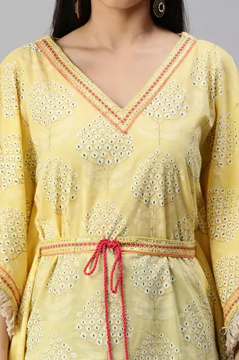 women's v-neck floral foil print yellow kaftan kurta and trouser