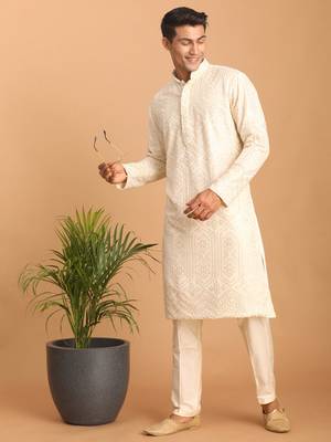 Cream Cotton Blend Kurta Pyjama Set 1